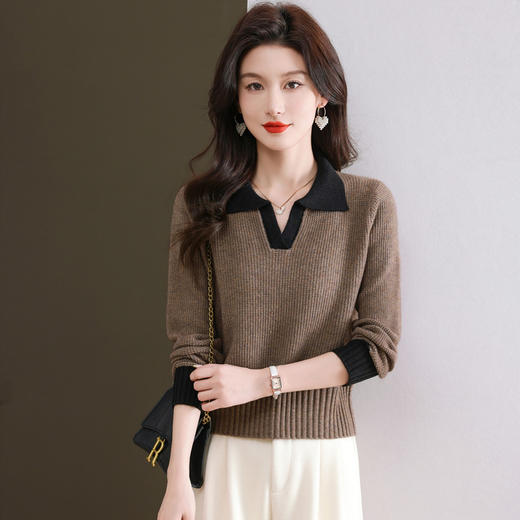 CC-103-6126春秋新款撞色polo领长袖针织衫女宽松显瘦翻领打底衫内搭上衣 商品图2