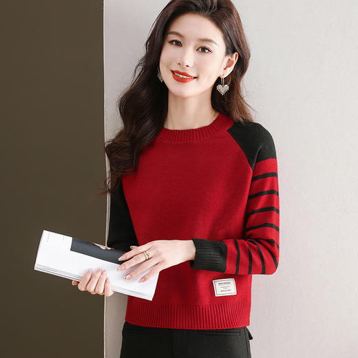 CC-103-6120早秋长袖针织衫女薄2024新款拼色洋气内搭上衣秋冬圆领毛衣打底衫 商品图2