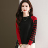 CC-103-6120早秋长袖针织衫女薄2024新款拼色洋气内搭上衣秋冬圆领毛衣打底衫 商品缩略图1