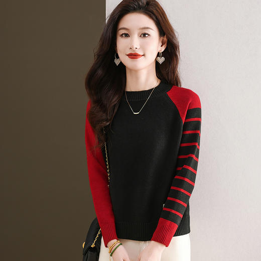 CC-103-6120早秋长袖针织衫女薄2024新款拼色洋气内搭上衣秋冬圆领毛衣打底衫 商品图1