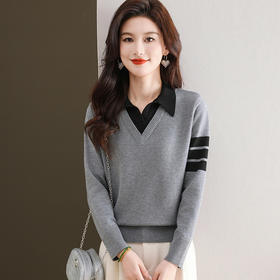 CC-103-6127春秋冬新款POLO领针织衫假两件长袖上衣宽松毛衣打底衫内搭女