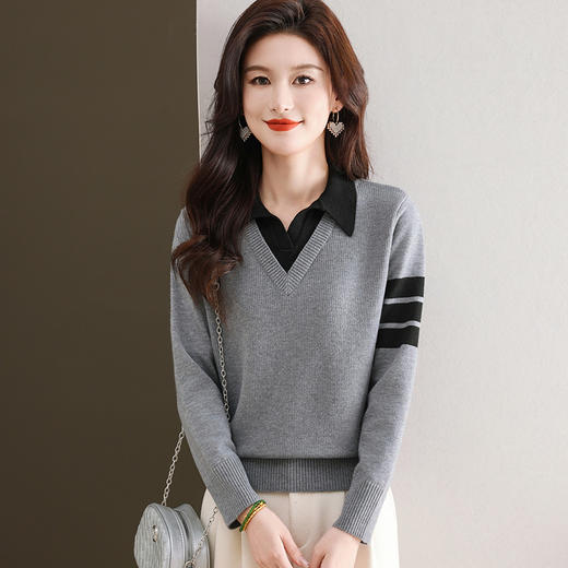 CC-103-6127春秋冬新款POLO领针织衫假两件长袖上衣宽松毛衣打底衫内搭女 商品图0
