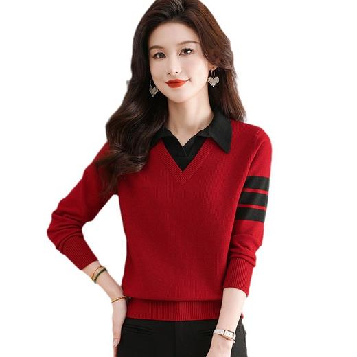 CC-103-6127春秋冬新款POLO领针织衫假两件长袖上衣宽松毛衣打底衫内搭女 商品图4