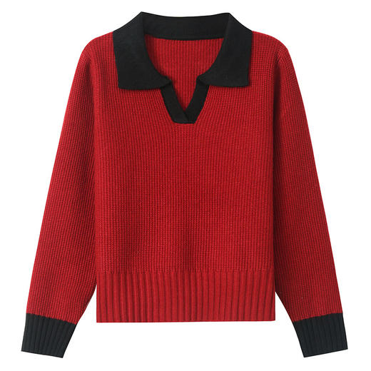 CC-103-6126春秋新款撞色polo领长袖针织衫女宽松显瘦翻领打底衫内搭上衣 商品图4