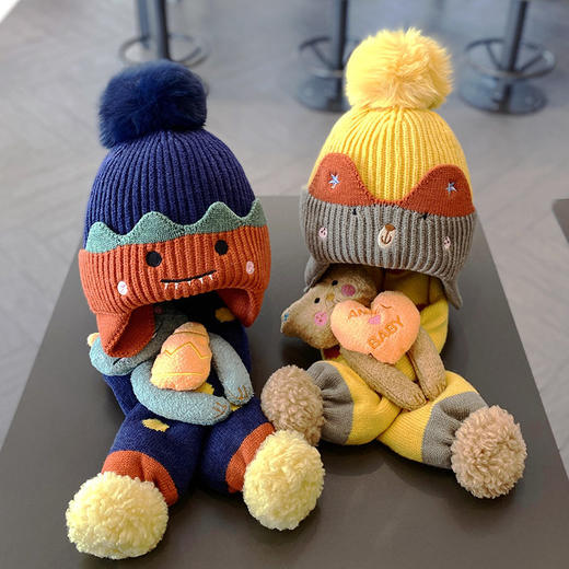 【立体卡通儿童保暖毛线帽子两件套】围巾秋冬儿童围脖帽子套装1-3岁 商品图0