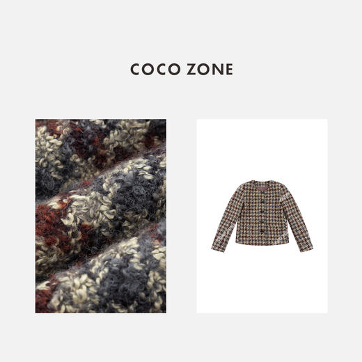 COCO ZONE 设计感撞色格纹外套牛角扣圆领上衣CC1D2358 商品图2