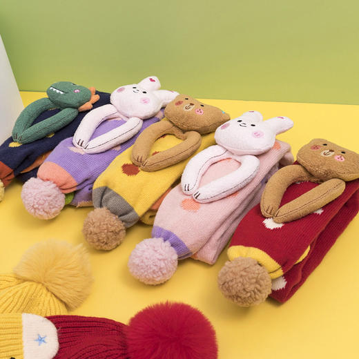 【立体卡通儿童保暖毛线帽子两件套】围巾秋冬儿童围脖帽子套装1-3岁 商品图3