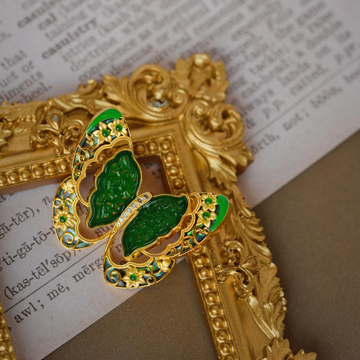 龢盒原创 18k金镶翡翠贝母伴钻蝴蝶吊坠 商品图3