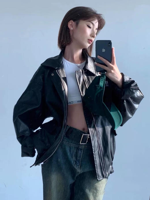 👍👍【美式复古美拉德机车风翻领拉链皮衣 男女同款E50-G2471】💥💥💥 ✅百搭复古，颜值超高🥳 ✅油蜡皮质感，🌈环保PU皮衣外套🔆 商品图3