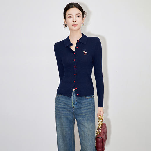 【高货wl】全新升级【铂金会员220/天猫289/差价69】(12215) 洛诗琳极细美丽诺羊毛撞色纽扣开衫亮片刺绣打底衫上衣 商品图4