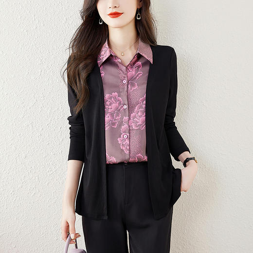 NYL7770 假两件衬衫女2024秋季新款时尚洋气翻领针织拼接提花宽松减龄上衣 商品图3