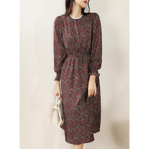 雀说 碎花连衣裙女秋冬法式收腰气质长袖雪纺裙子4ZF-0324 商品图0