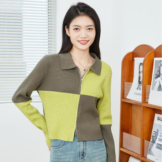 【复古拉链羊毛开衫】逸阳撞色棋盘格可机洗羊毛衫Polo领显瘦上衣3713 商品图0
