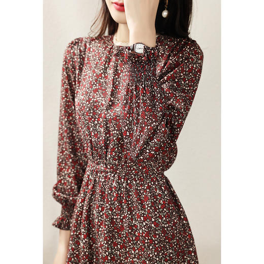 雀说 碎花连衣裙女秋冬法式收腰气质长袖雪纺裙子4ZF-0324 商品图1