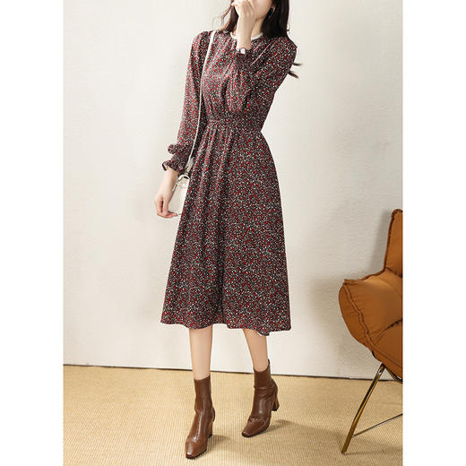 雀说 碎花连衣裙女秋冬法式收腰气质长袖雪纺裙子4ZF-0324 商品图2