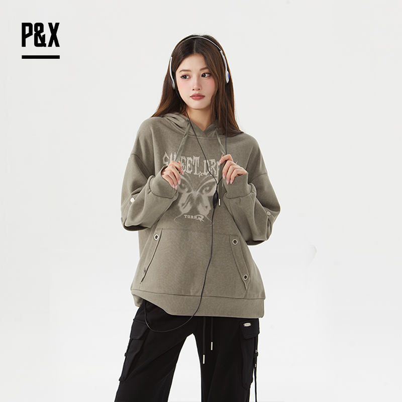 P&X设计师女装冬季长袖户外运动连帽加绒短款卫衣 824417171A 灰绿