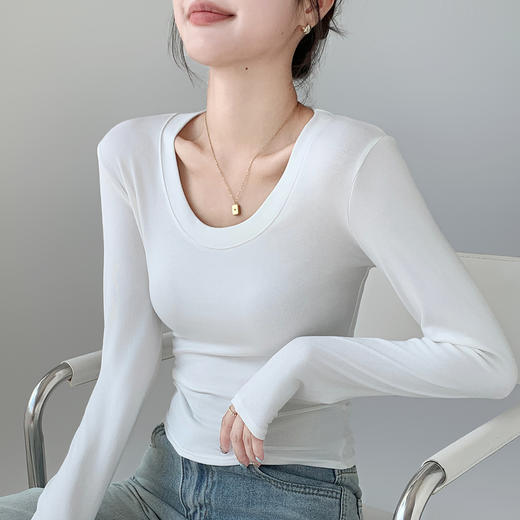 秋季新款【内搭高级感】时尚圆领保暖上衣修身显瘦百搭打底衫女256纯色圆领 商品图5