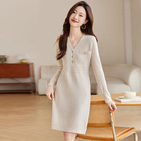 小香风气质V领针织连衣裙，纯色法式打底裙CC-J980