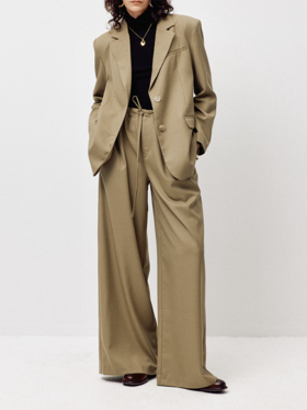 LIYIHAN 24秋精纺羊毛阔腿西装裤垂感抽带松紧腰宽松职场高级感