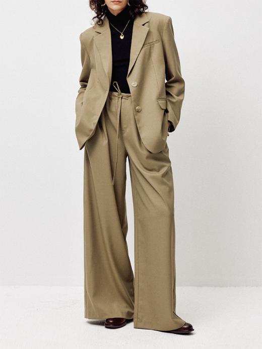 LIYIHAN 24秋精纺羊毛阔腿西装裤垂感抽带松紧腰宽松职场高级感 商品图0