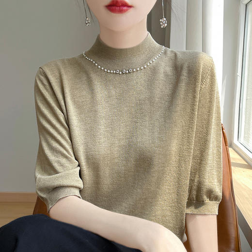 雀说 早秋新款五分袖针织衫半高领内搭打底上衣精纺羊毛中袖毛衣4ZF-209 商品图2