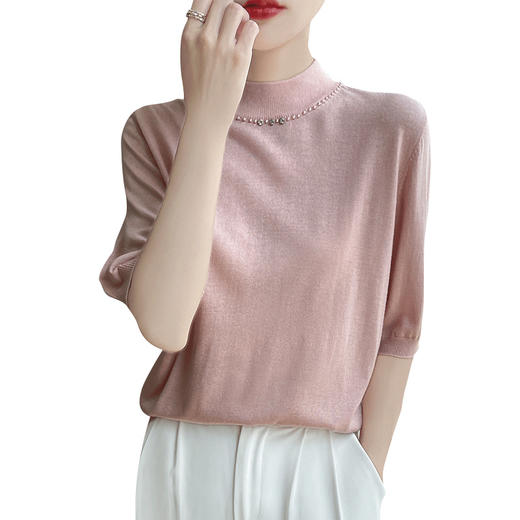 雀说 早秋新款五分袖针织衫半高领内搭打底上衣精纺羊毛中袖毛衣4ZF-209 商品图4