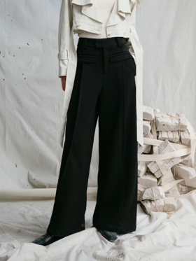 LIYIHAN 日本进口面料24秋乔其纱高腰直筒阔腿黑色西装裤子抽褶