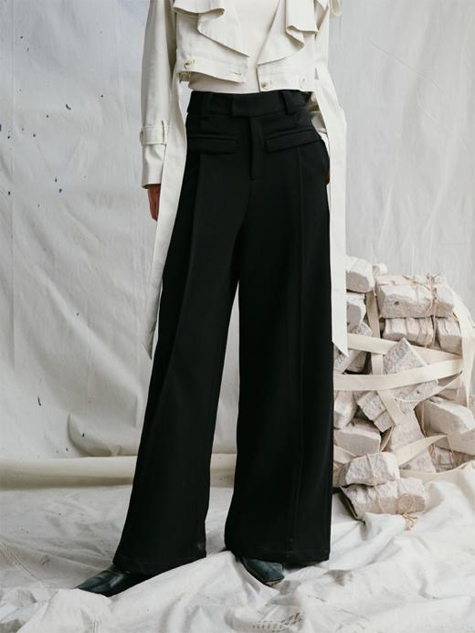 LIYIHAN 日本进口面料24秋乔其纱高腰直筒阔腿黑色西装裤子抽褶 商品图0