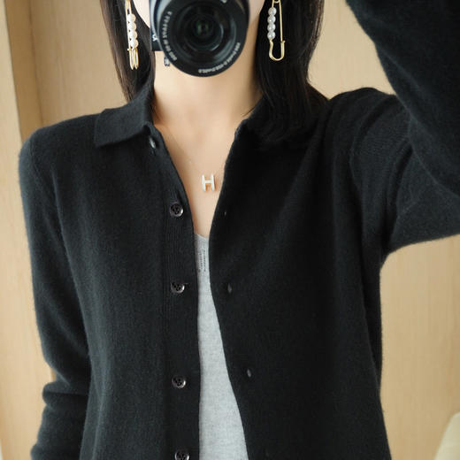 雀说 方领长袖针织开衫女短外套毛衣短款纯色气质打底衫春秋上衣女4ZF-23 商品图7