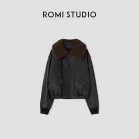 ROMI STUDIO土耳其进口牛皮拼羊皮毛毛领短款夹克皮衣RW24WW80405