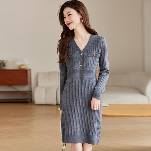 小香风气质V领针织连衣裙，纯色法式打底裙CC-J980 商品图3