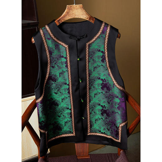 丁摩 内里真丝提花高端马甲桑蚕丝拼接宽松气质马夹上衣国风秋新4ZF-203 商品图0