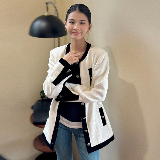 【顺丰包邮】53043 洛诗琳气质中古撞色小香风中长款收腰外套女220088 商品图0