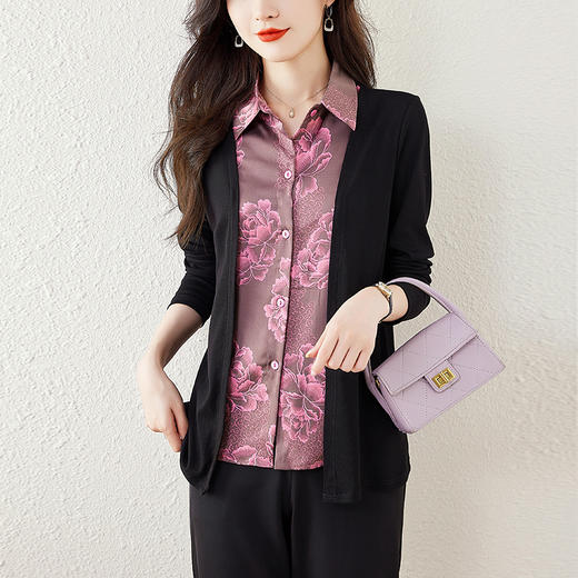 NYL7770 假两件衬衫女2024秋季新款时尚洋气翻领针织拼接提花宽松减龄上衣 商品图1