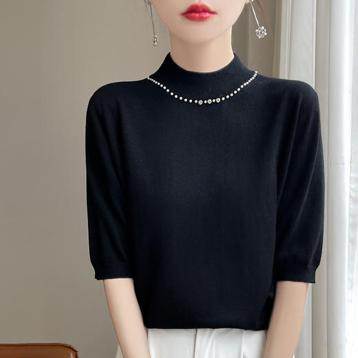 雀说 早秋新款五分袖针织衫半高领内搭打底上衣精纺羊毛中袖毛衣4ZF-209 商品图3