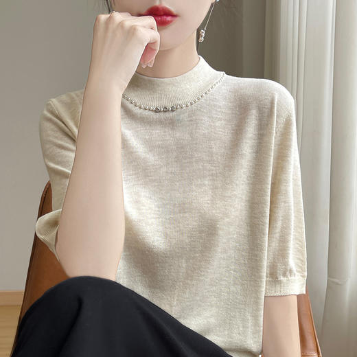 雀说 早秋新款五分袖针织衫半高领内搭打底上衣精纺羊毛中袖毛衣4ZF-209 商品图1