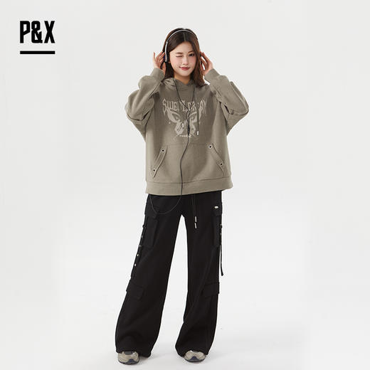 P&X设计师女装冬季长袖户外运动连帽加绒短款卫衣 824417171A 灰绿 商品图3