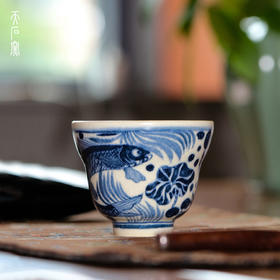 问鼎天石窑白陶泥元青花福禄杯（鱼藻纹）