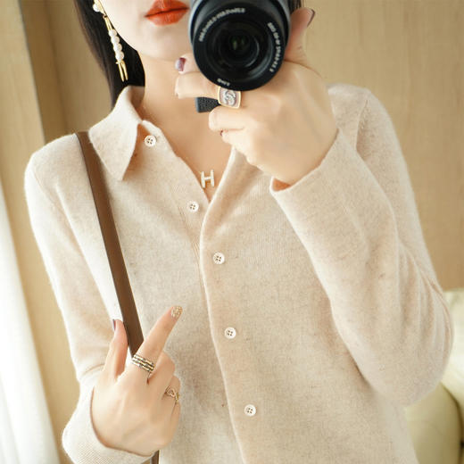 雀说 方领长袖针织开衫女短外套毛衣短款纯色气质打底衫春秋上衣女4ZF-23 商品图5