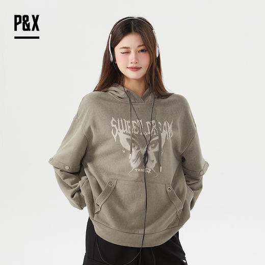 P&X设计师女装冬季长袖户外运动连帽加绒短款卫衣 824417171A 灰绿 商品图1