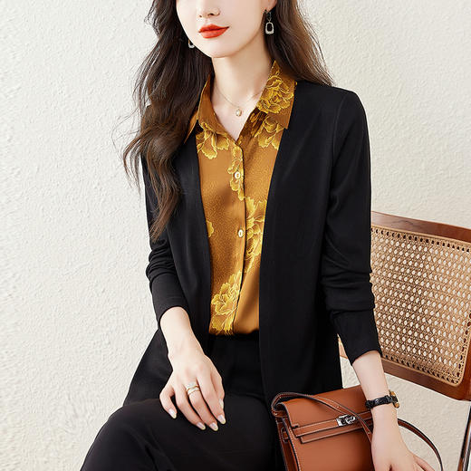 NYL7770 假两件衬衫女2024秋季新款时尚洋气翻领针织拼接提花宽松减龄上衣 商品图0