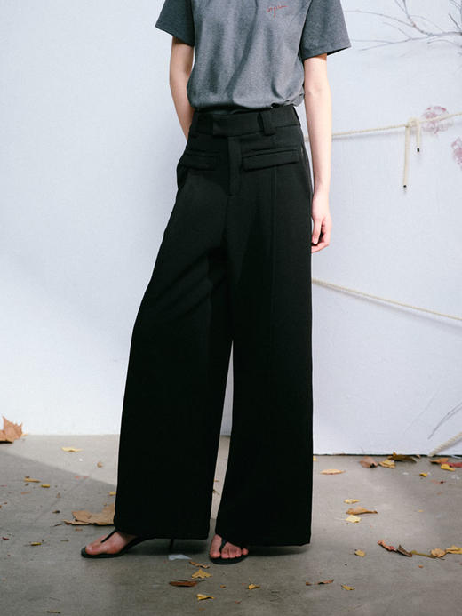 LIYIHAN 日本进口面料24秋乔其纱高腰直筒阔腿黑色西装裤子抽褶 商品图3