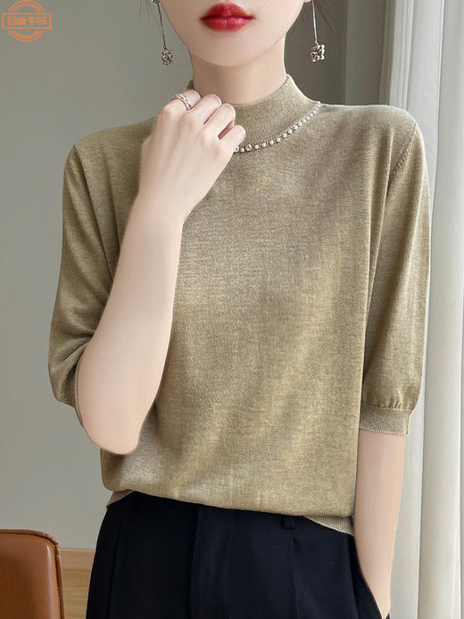 雀说 早秋新款五分袖针织衫半高领内搭打底上衣精纺羊毛中袖毛衣4ZF-209 商品图6