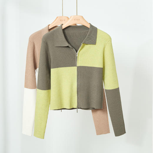 【复古拉链羊毛开衫】逸阳撞色棋盘格可机洗羊毛衫Polo领显瘦上衣3713 商品图2