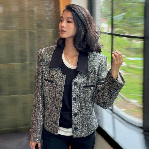 【顺丰包邮】53327 洛诗琳法式轻奢花灰色翻领高级感小香风外套160465 商品图0