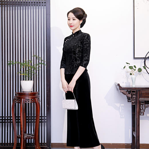 改良丝绒旗袍七分袖立领唐装上衣XL2258 商品图2