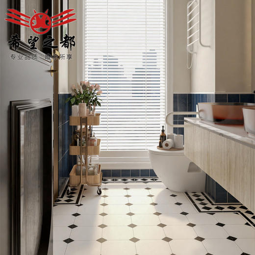 厨房赤贫法式背景卫生间蓝色长条砖奶茶餐厅风黑白网红地砖墙砖店 商品图1