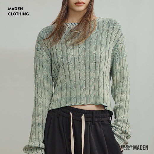 马登苔藓绿渐变绞花毛衣复古全棉圆领麻花套头针织衫短款上衣秋女 商品图0