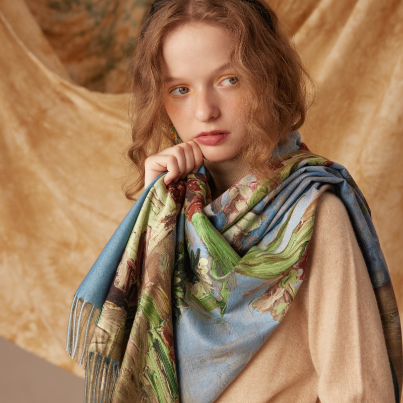 两三事 定制梵高围巾文艺风印花流苏围巾 尺寸180cm*70cm