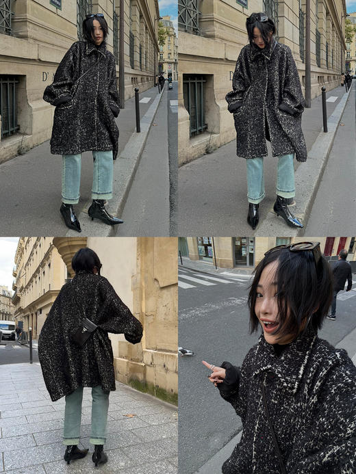 HIDEMI 【孟子义同款】极简大廓形伞状澳毛粗花呢花纱全羊毛翻领落肩厚款纽扣大衣 芝麻黑灰/奶油灰 商品图1